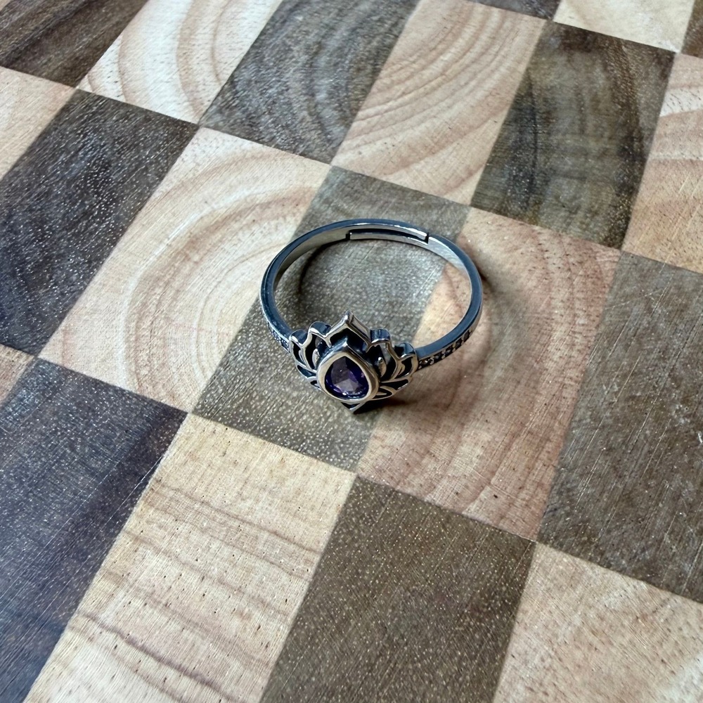 Silver-toned Adjustable Ring with Purple Stone Marked S925 New